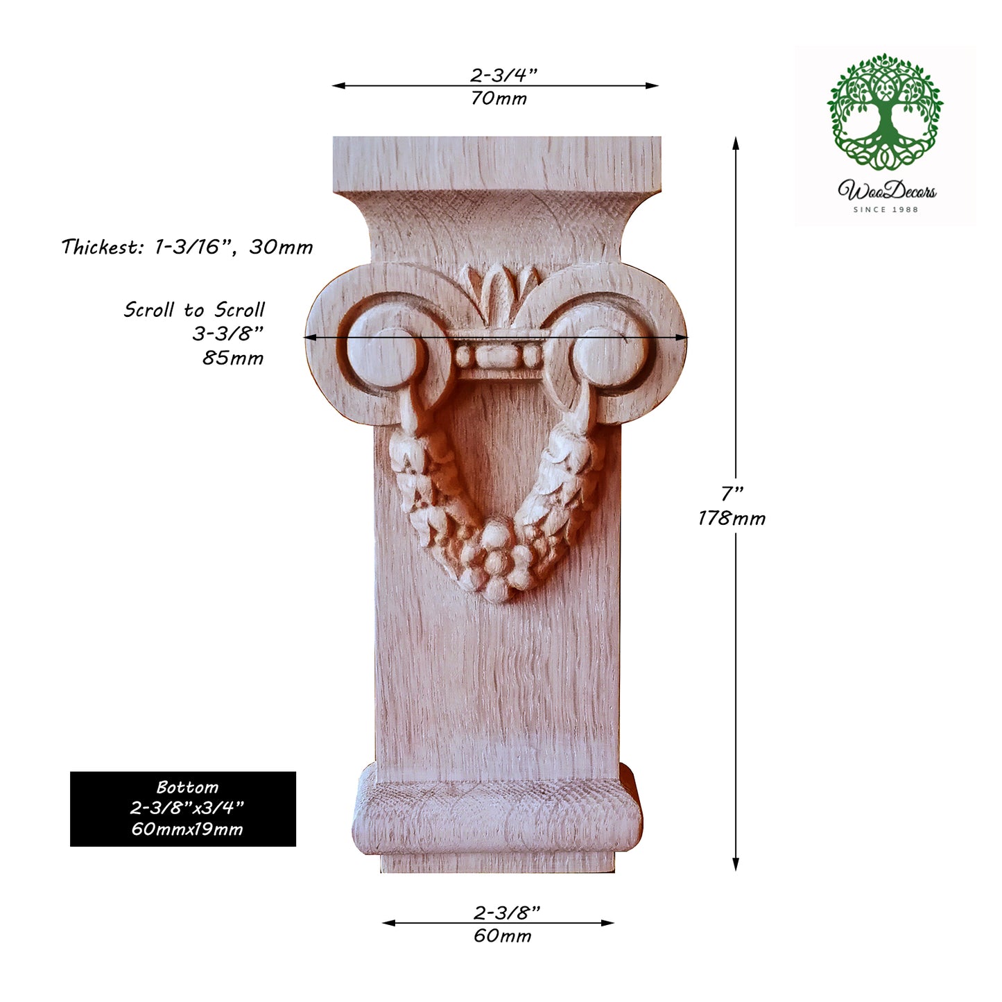 PAIR of Ionic Capital with Floral Wreath Carved for 2-3/8"x3/4" Pilasters
