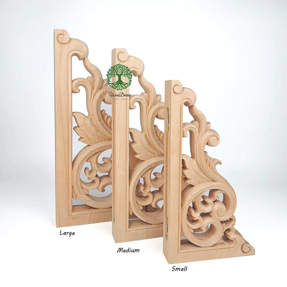 PAIR of Delicate Leaf Scroll Carved Look-through Wood Corbels, Shelf Brackets, Available from 11-3/4" to 15-1/2" High
