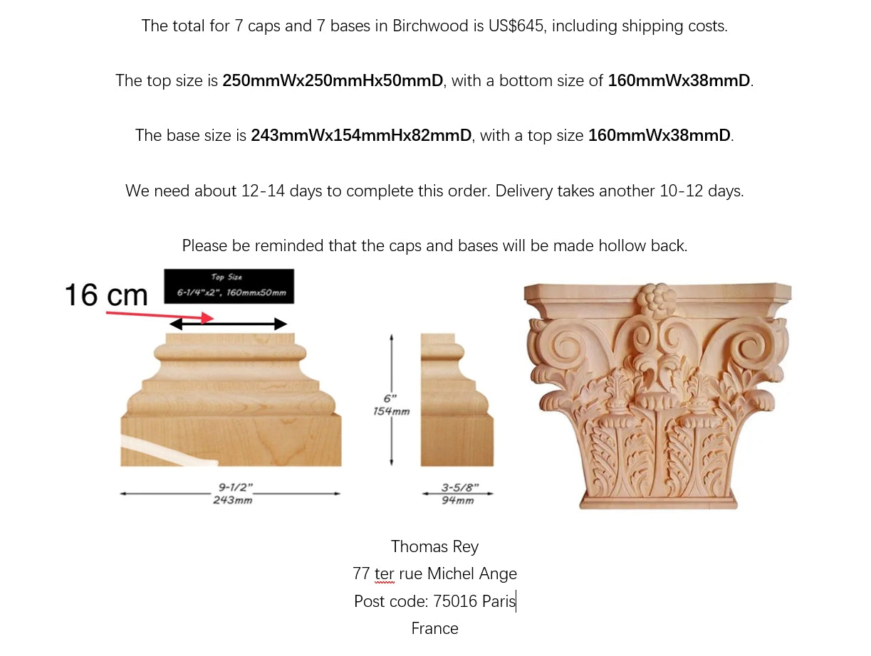 CUSTOM20250510 7 Sets of Corinthian Capital and Base, Birchwood