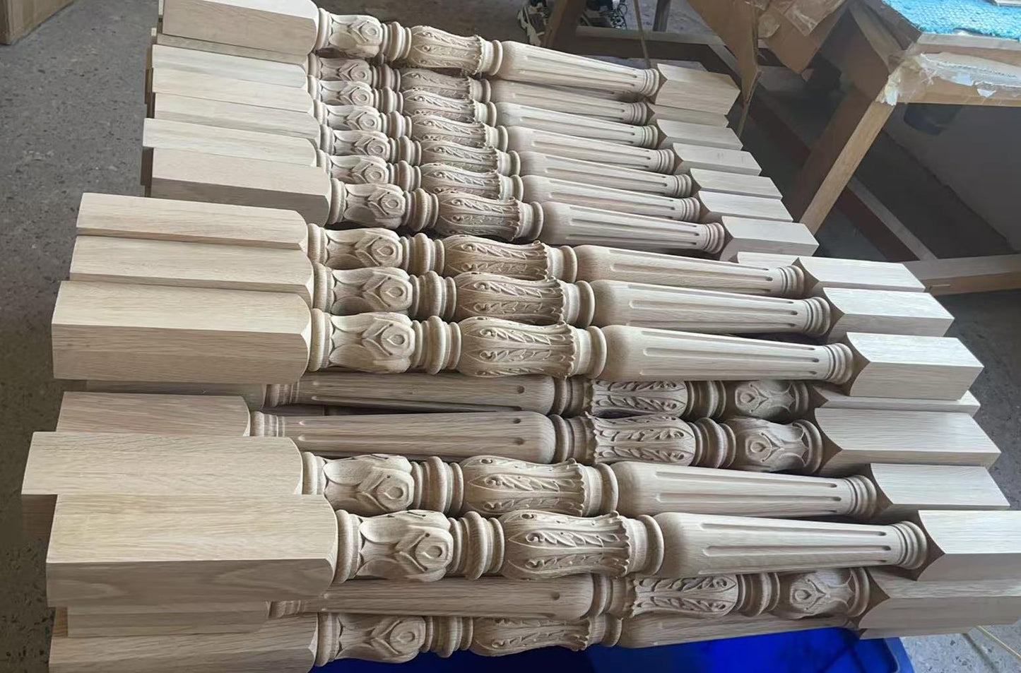 CUSTOM25111 48PCS of 2-3/8"x2-3/8"x38"H Acanthus Carved Wood Balusters, Unfinished White Oak