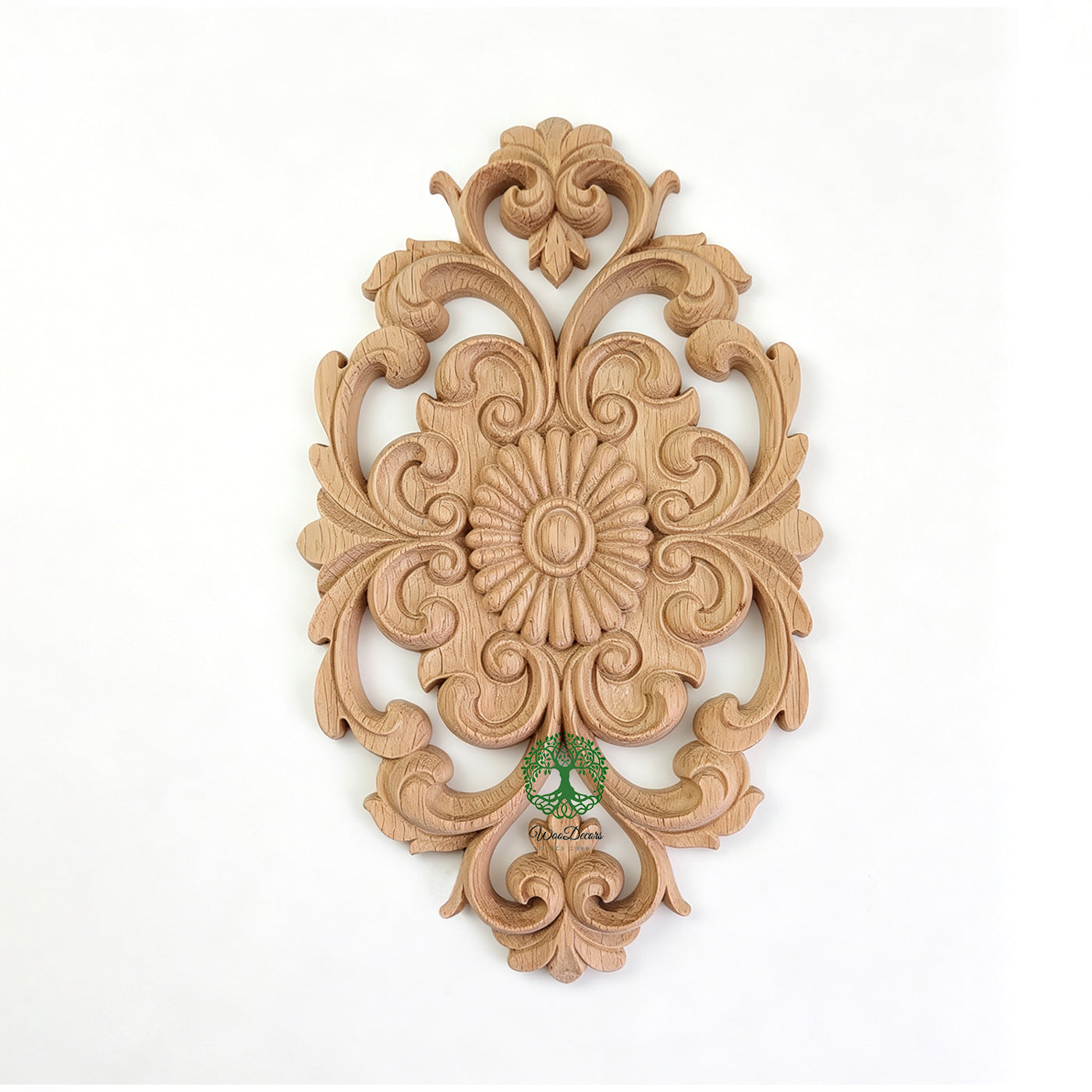Shield & Scroll Leaf Carved Pearl Wood Onlay, Panel Applique, Available in 2 Sizes, Single