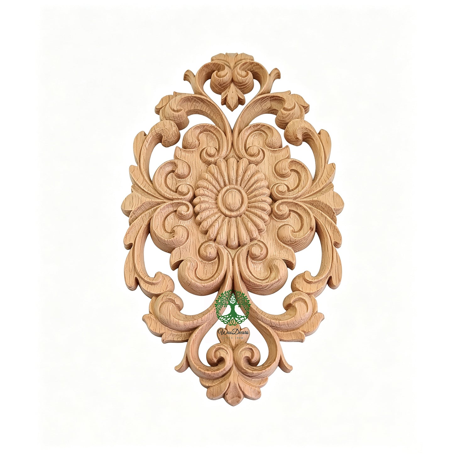 Shield & Scroll Leaf Carved Pearl Wood Onlay, Panel Applique, Available in 2 Sizes, Single