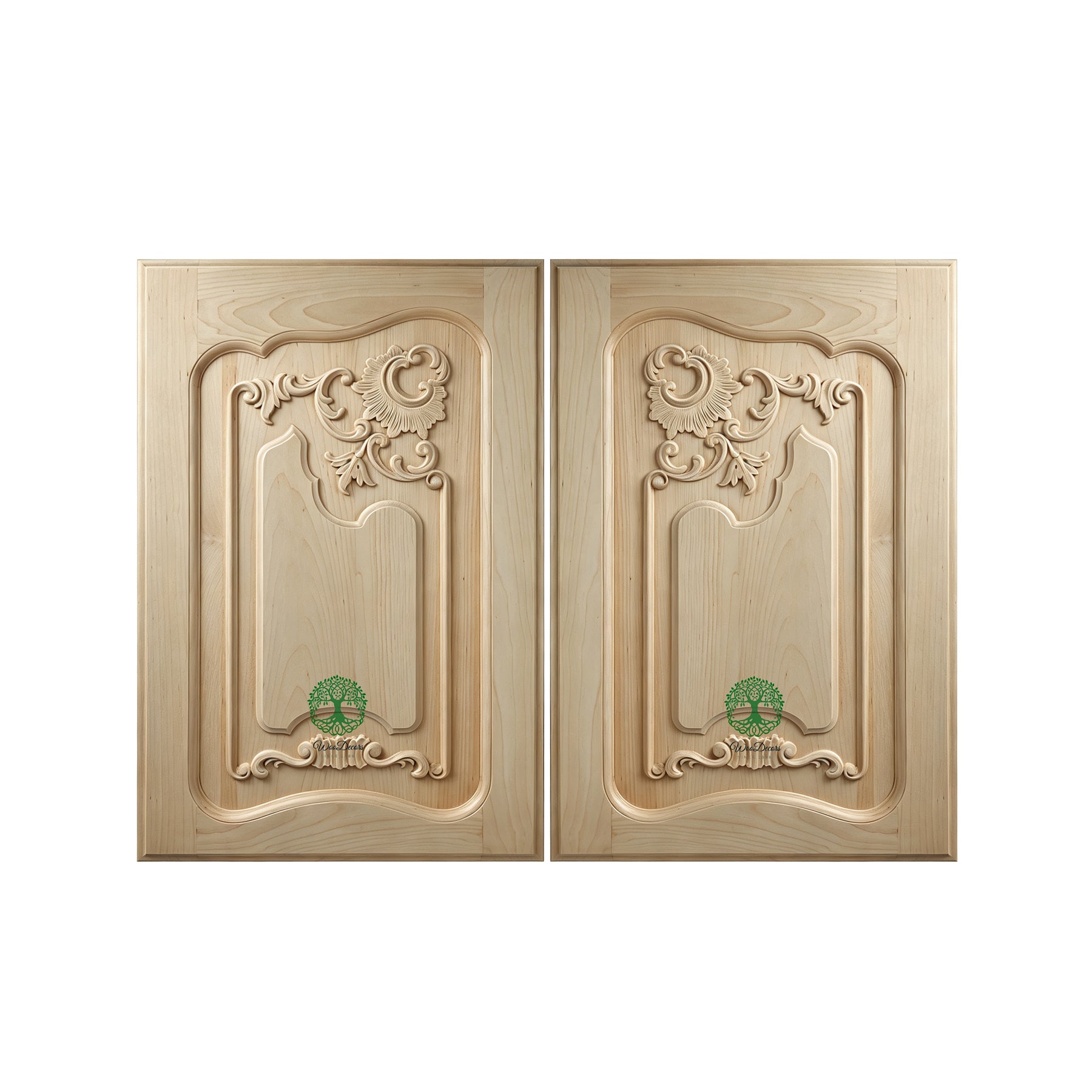 CBD-07 PAIR of French Style Shell Floral Wood Carved Doors, Framed Panel Doors, 15-3/8