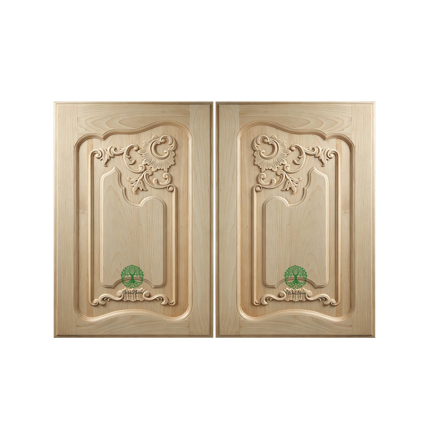 CBD-07 PAIR of French Style Shell Floral Wood Carved Doors, Framed Panel Doors, 15-3/8"x22-1/2", Unfinished