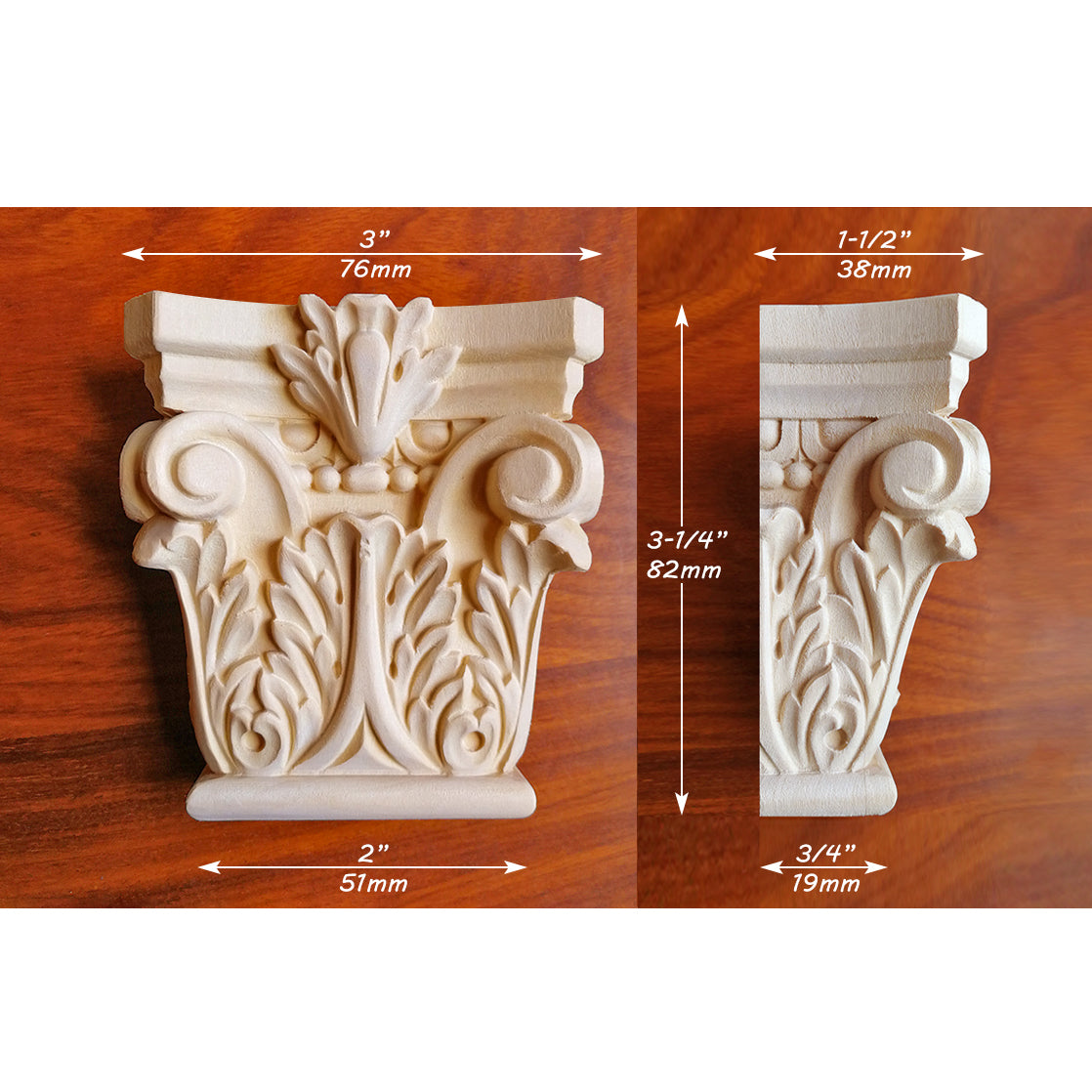 PAIR of Wood Carved Small Corinthian Pilaster Capitals, Available in 2 Sizes