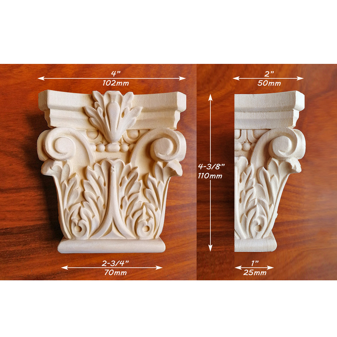 PAIR of Wood Carved Small Corinthian Pilaster Capitals, Available in 2 Sizes