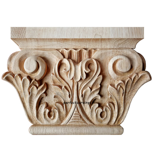Victorian Style Sprout Leaf Carved 7-1/4"H Pilaster Capital, Hollow Back, Single