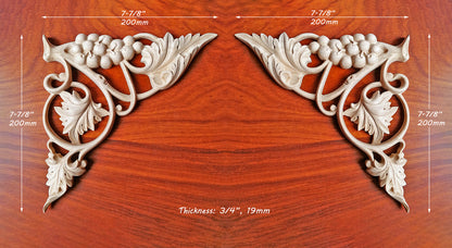 PAIR of Exquisite Grapevine Carved Corners, Appliques Onlays, Mirror Pair, Available in 3 Sizes
