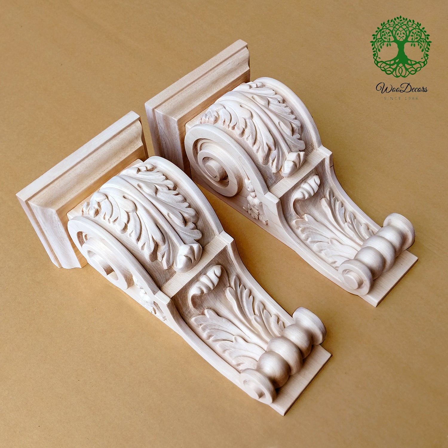 PAIR of Vintage Style Leaf Scroll Carved Wood Corbels, Carved Bookends, Wall Brackets, Available in 3 Sizes