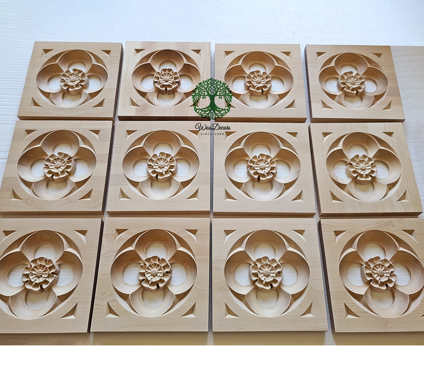 PAIR of Gothic Style Wood Carved Rose Blocks, Architrave Blocks, Plinths, Available from 3" to 8-1/4"