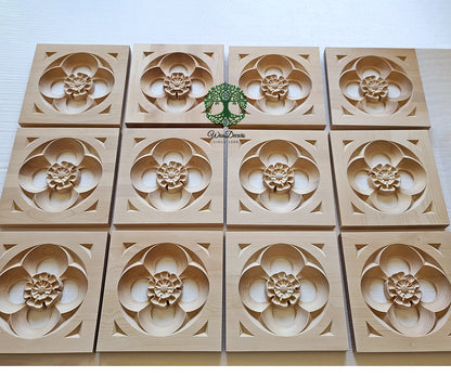 PAIR of Gothic Style Wood Carved Rose Blocks, Architrave Blocks, Plinths, Available from 3" to 8-1/4"