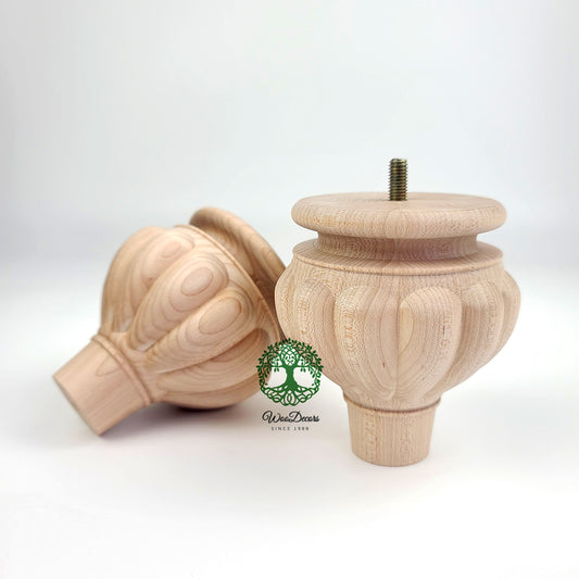 PAIR of Wood Carved Pumpkin / Garlic 4-1/4"High Bun Feet, Sofa Legs