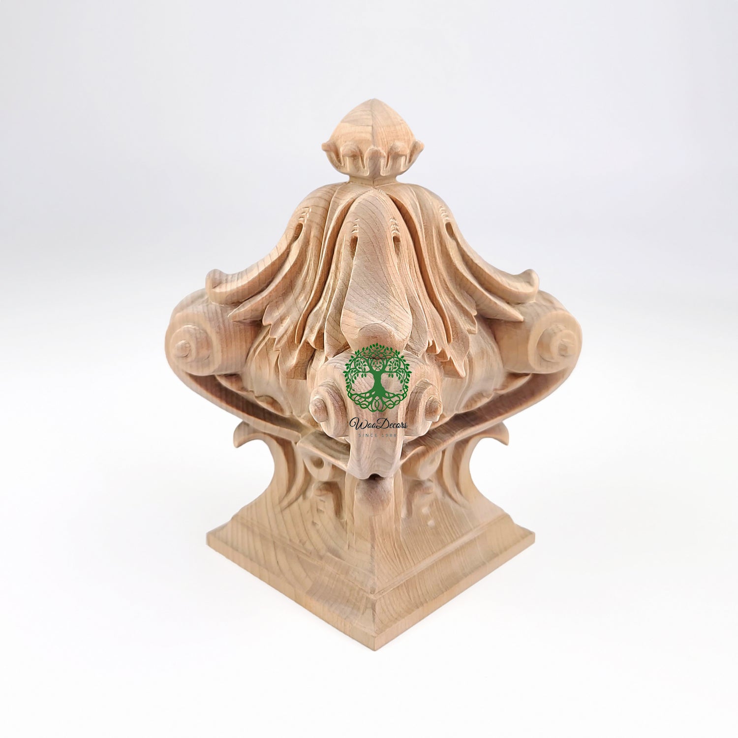 Acanthus Shell Scroll Carved Wood Finial for Stair Post & Bed Post, Square Bottom Finial, Single, Available in 3 Sizes