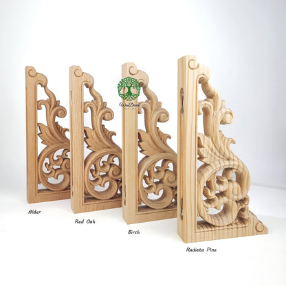 PAIR of Delicate Leaf Scroll Carved Look-through Wood Corbels, Shelf Brackets, Available from 11-3/4" to 15-1/2" High