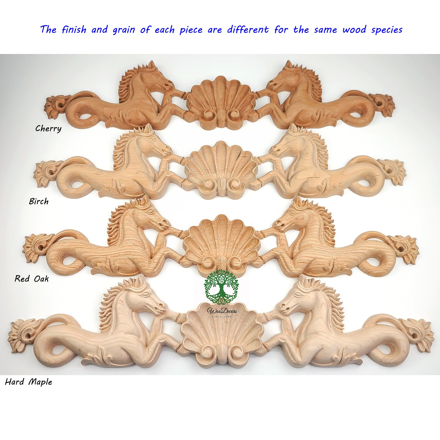 Horse Shell Carved Wood Applique Onlay, Available in 12
