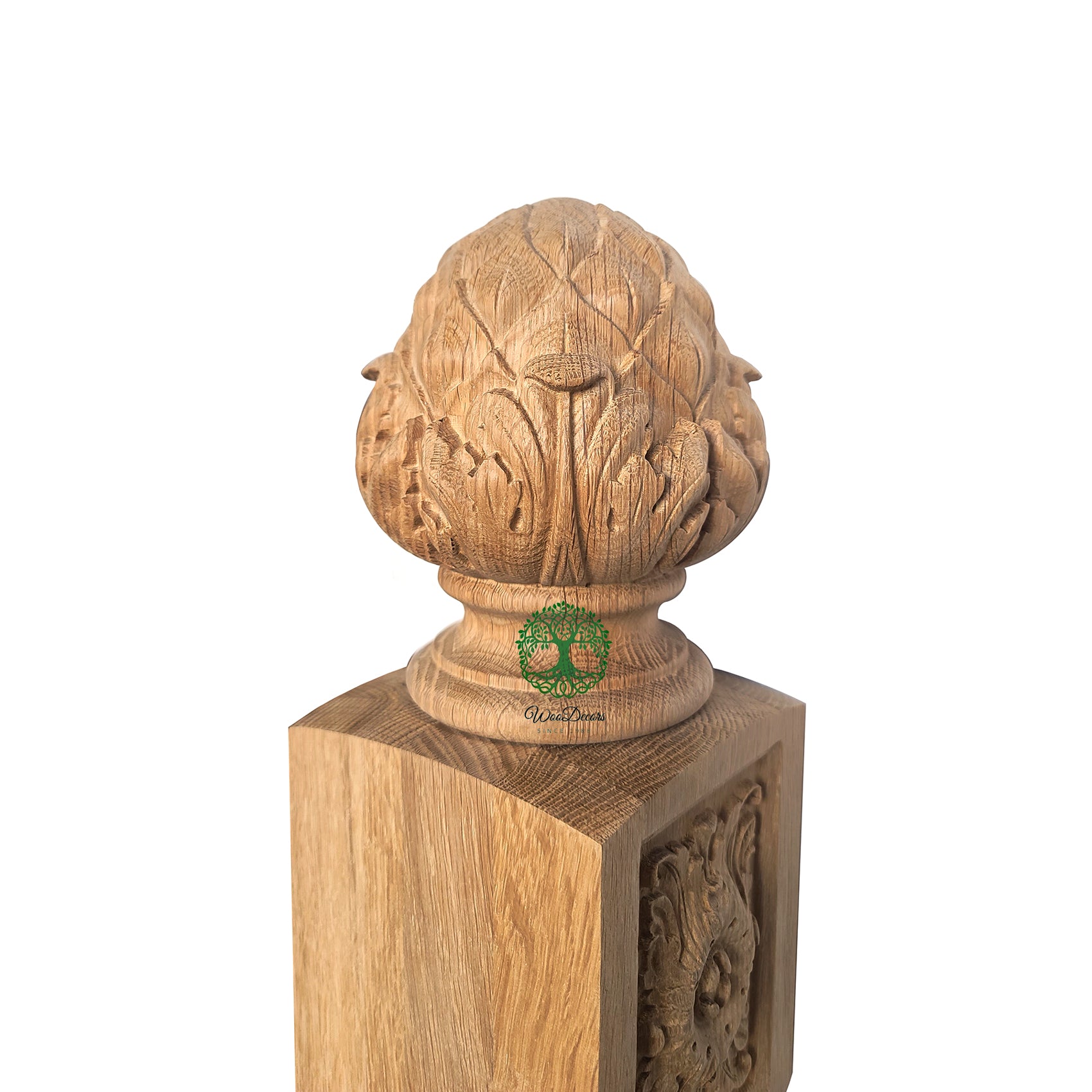 Large Acanthus and Antichoke Carved Wood Finial for Stair Post, Single, Unfinished, Bottom Dia 3
