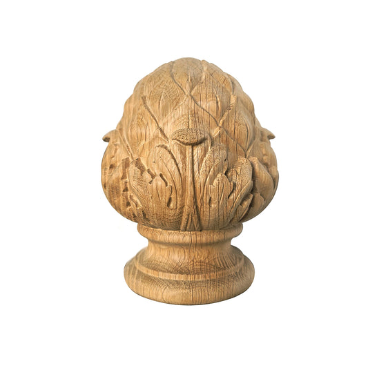 Large Acanthus and Antichoke Carved Wood Finial for Stair Post, Single, Unfinished, Bottom Dia 3" & 3-1/2", Screws Pre-installed