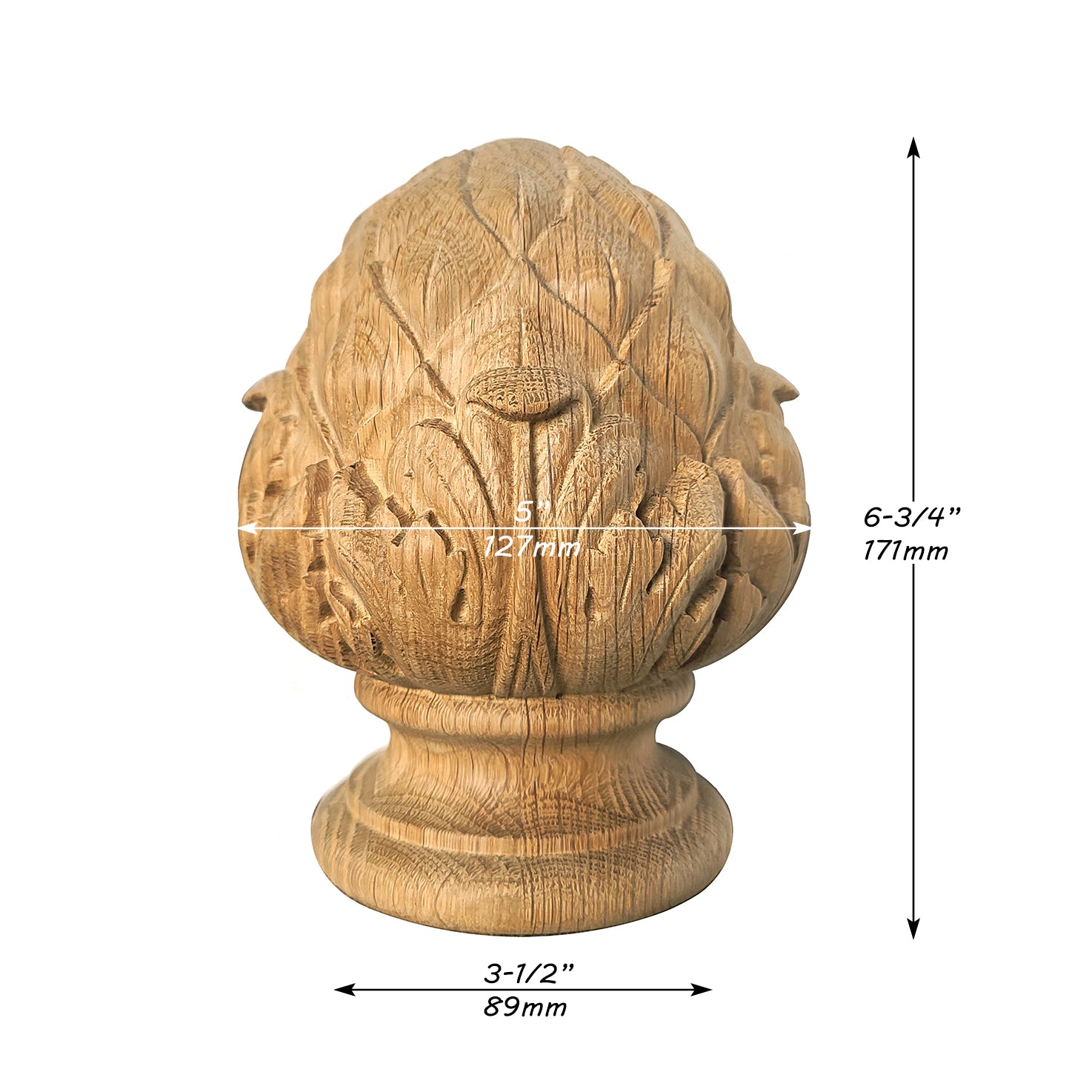 Large Acanthus and Antichoke Carved Wood Finial for Stair Post, Single, Unfinished, Bottom Dia 3