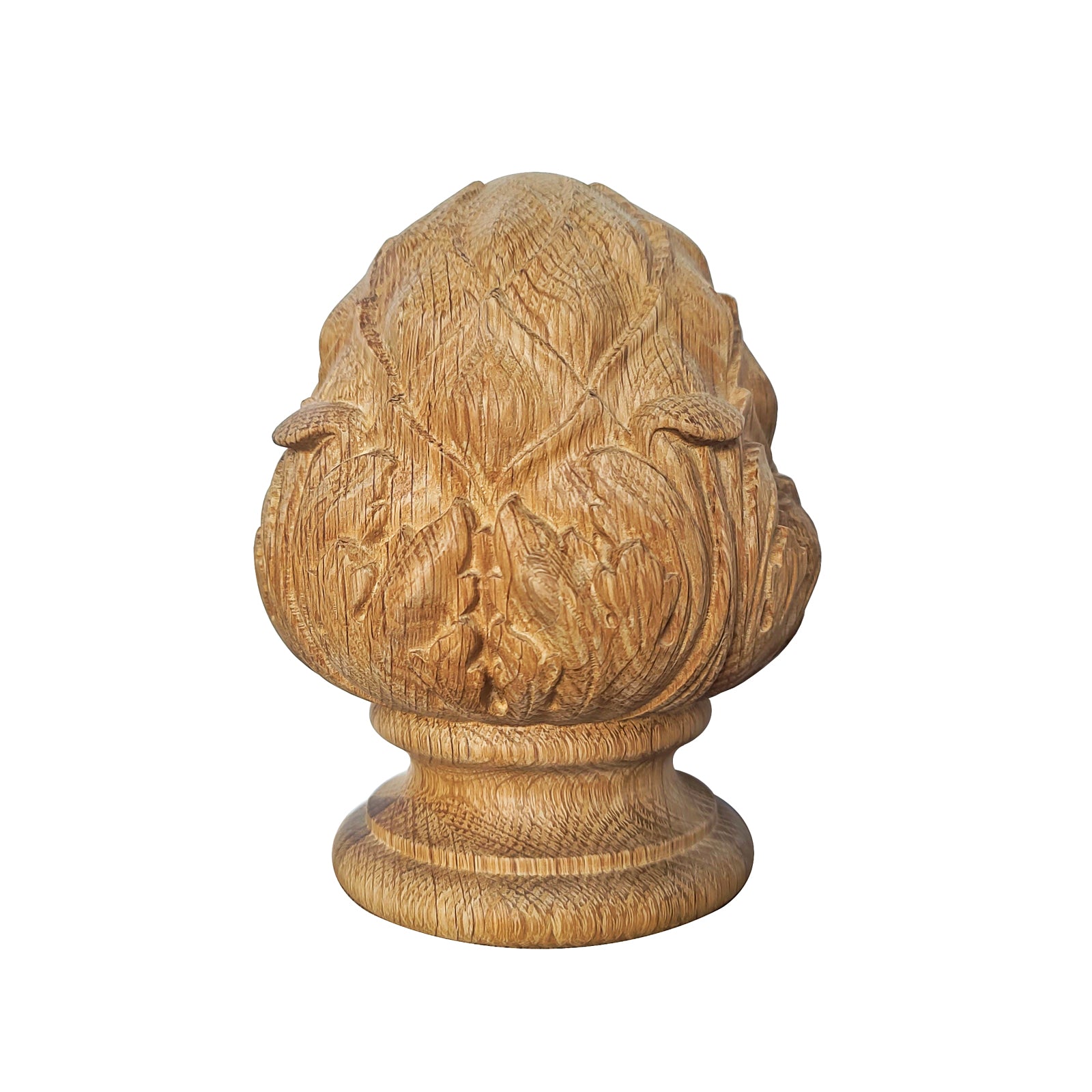 Large Acanthus and Antichoke Carved Wood Finial for Stair Post, Single, Unfinished, Bottom Dia 3