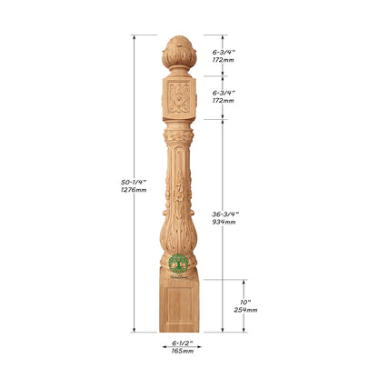 NWL-07 Large Floral Vine Carved Newel Post, 6-1/2"x6-1/2"x50-1/4"H, Unfinished, Single