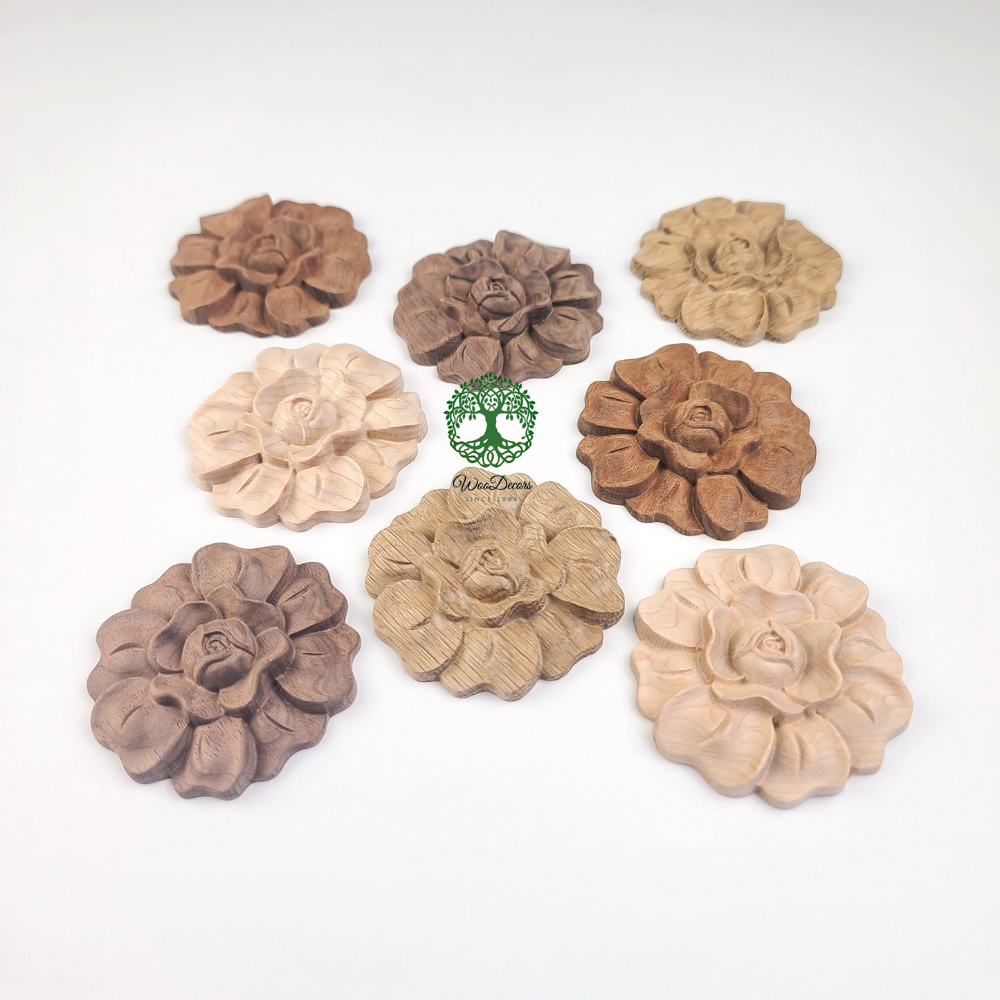 PAIR of Vivid Carved Wood Rose Rosettes, Furniture Onlays, Available from 1-1/2" to 5"