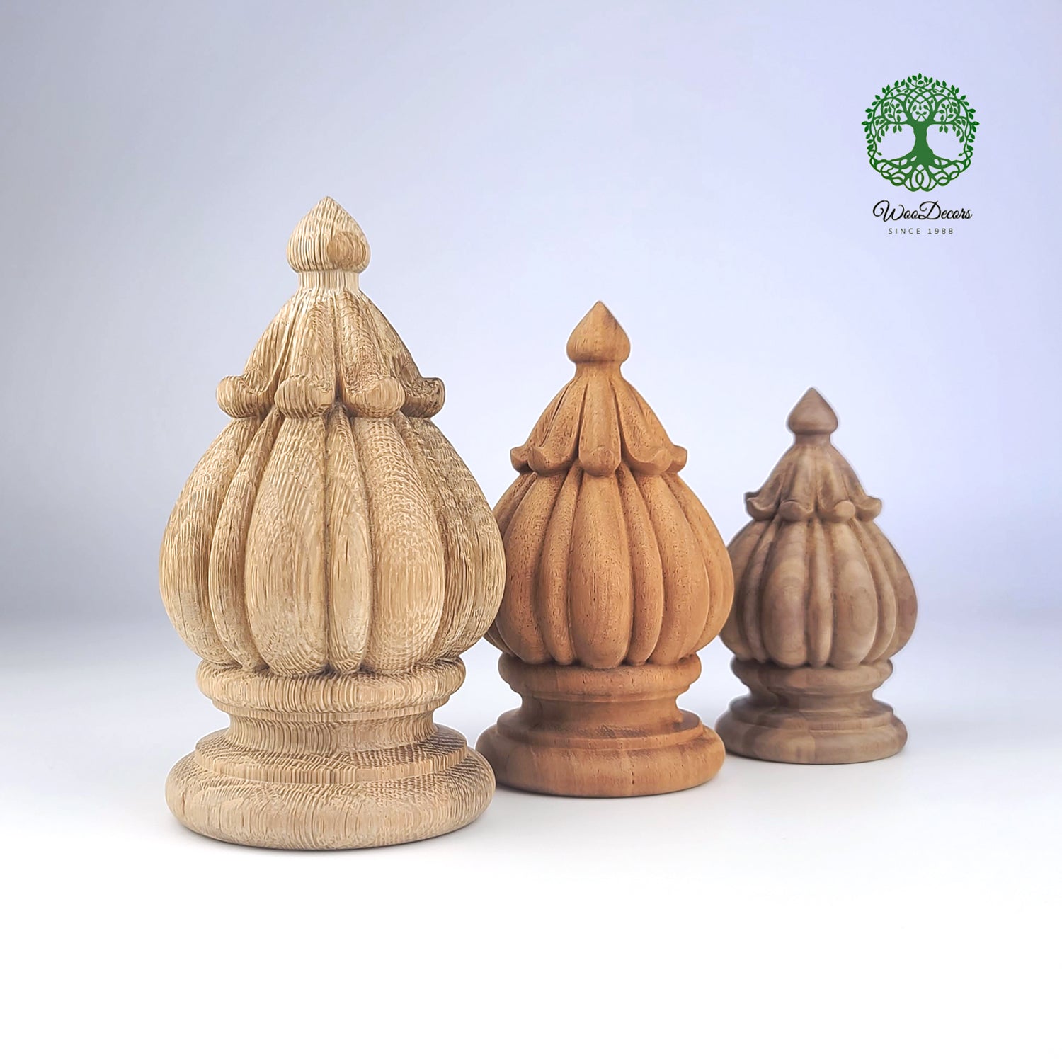 PAIR of Wood Carved Ribbed Finials for Curtain Rod, Bed Post and Staircase, Available in 3 Sizes, Unfinished
