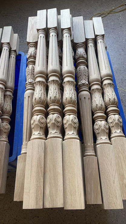 CUSTOM25111  48PCS of 2-3/8"x2-3/8"x38"H Acanthus Carved Wood Balusters, Unfinished White Oak-2