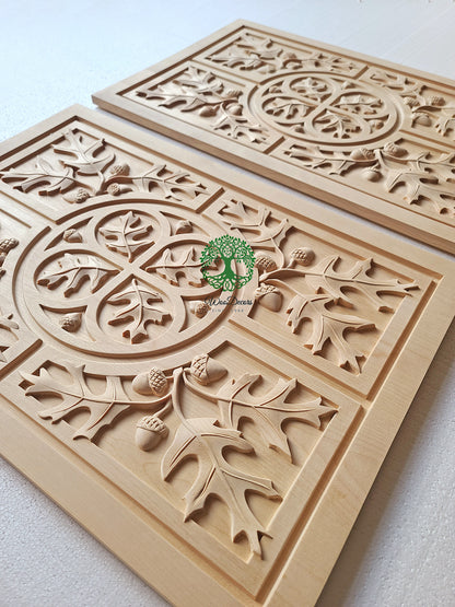 PNL-44 PAIR of Acorn Leaf  Carved Wood Panels, Furniture Panels, 12"Wx16”H, Unfinished