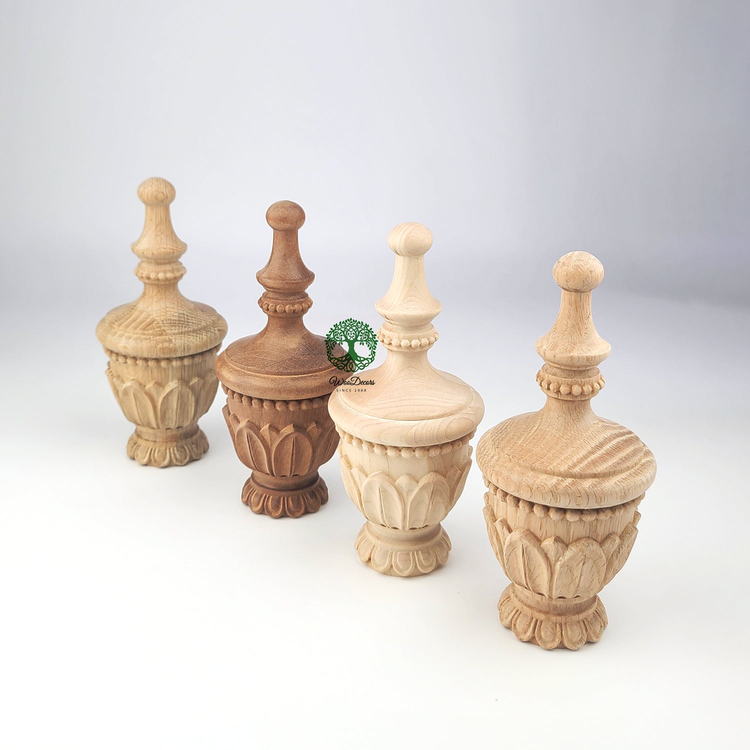 PAIR of Pearl Ring & Leaf Carved Curtain Rod Finials, Unfinished