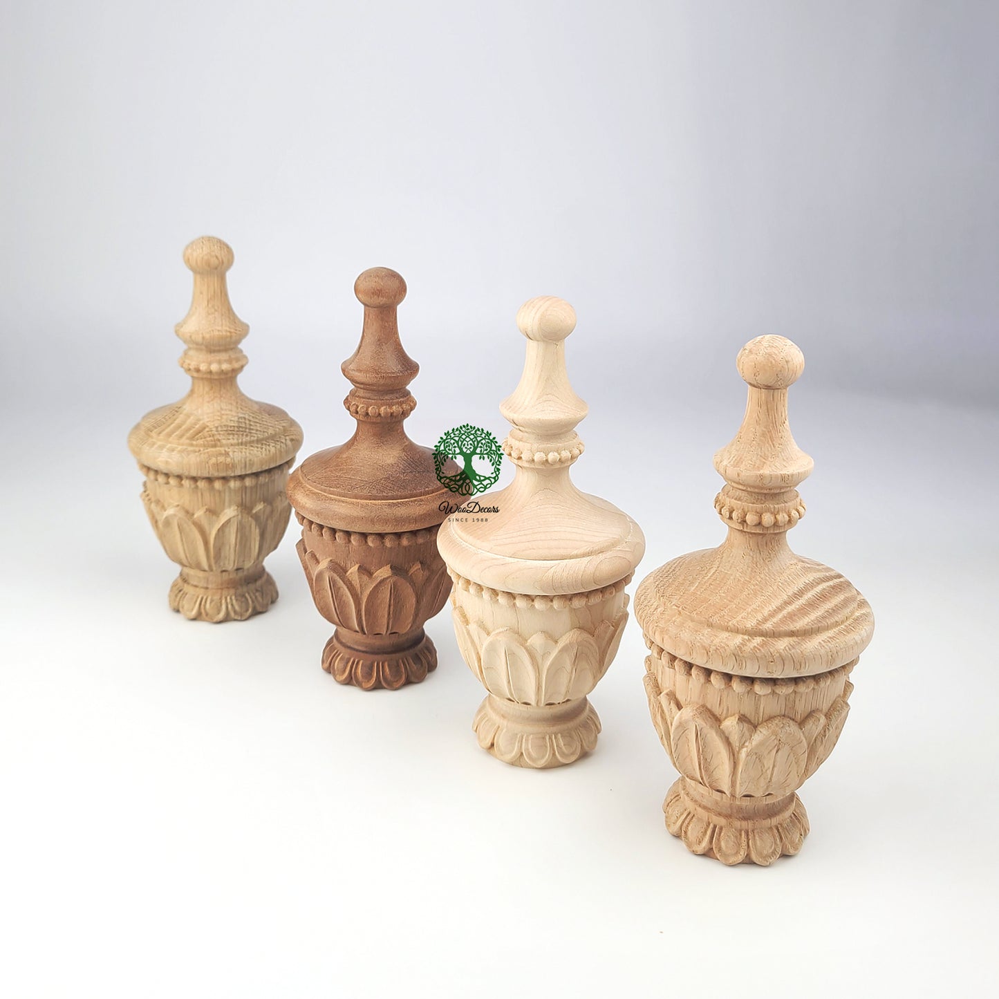 PAIR of Pearl Ring & Leaf Carved Curtain Rod Finials, Unfinished
