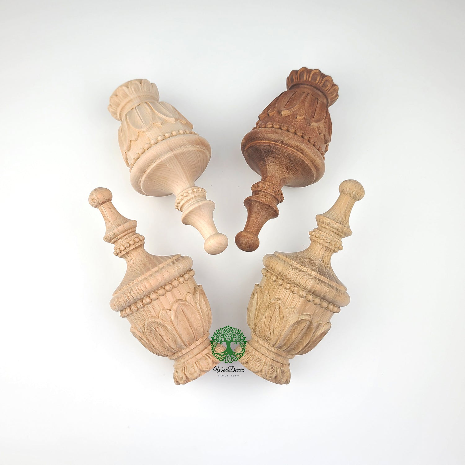 PAIR of Pearl Ring & Leaf Carved Curtain Rod Finials, Unfinished