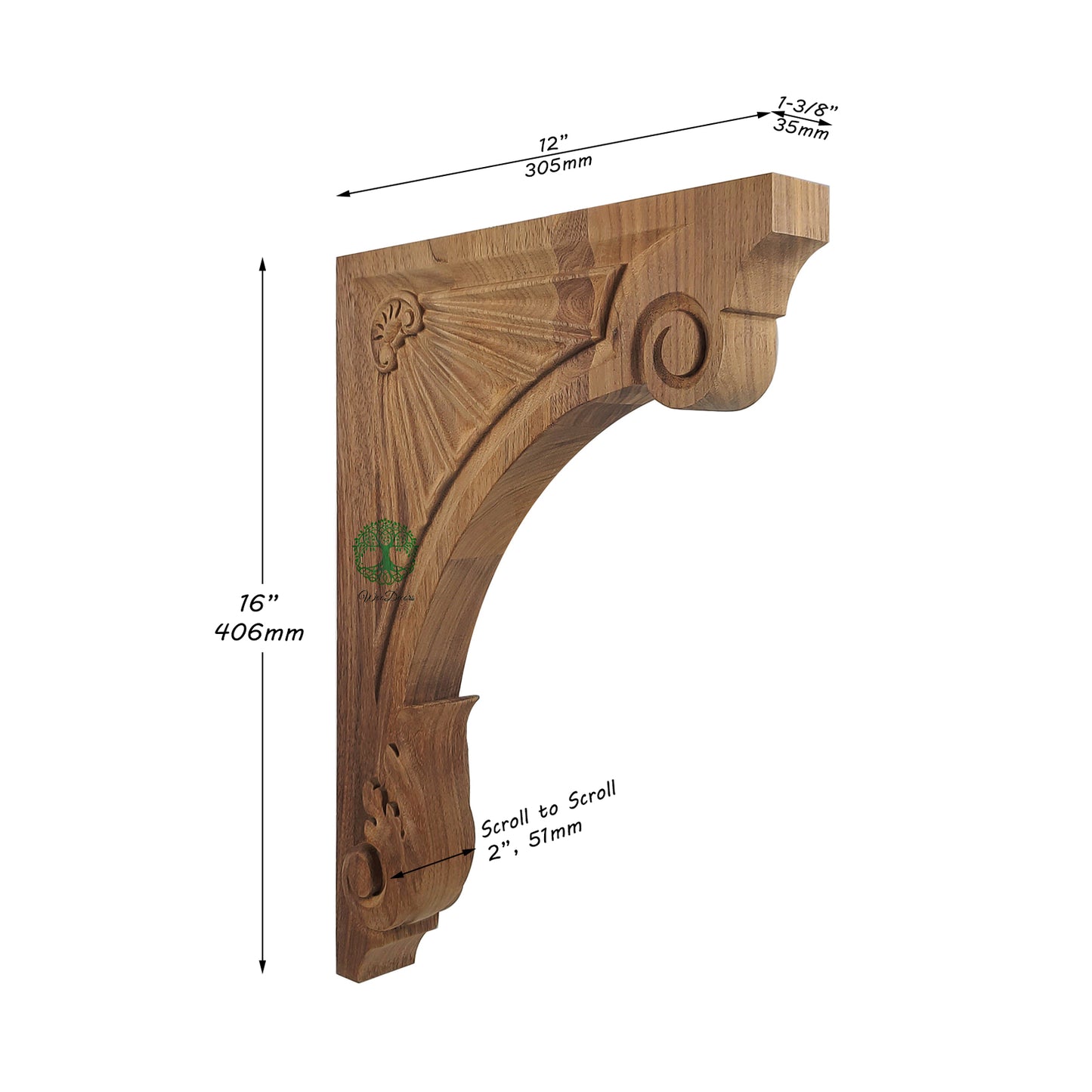 PAIR of Geometric Patterns & Leaf Carved Wood Shelf Bracket Corbels, Available from 9" to 16" High, Unfinished