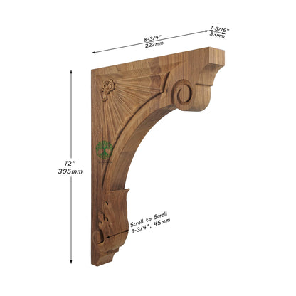 PAIR of Geometric Patterns & Leaf Carved Wood Shelf Bracket Corbels, Available from 9" to 16" High, Unfinished