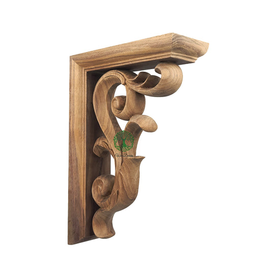 PAIR of Elegant Leaf Scroll Wood Shelf Bracket, Carved Corbels, Available in 10" & 13-5/8" High