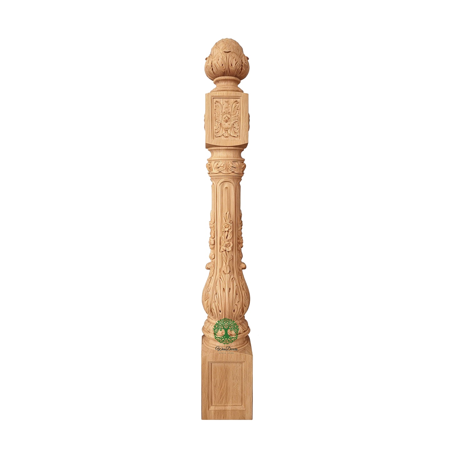 NWL-07 Large Floral Vine Carved Newel Post, 6-1/2"x6-1/2"x50-1/4"H, Unfinished, Single