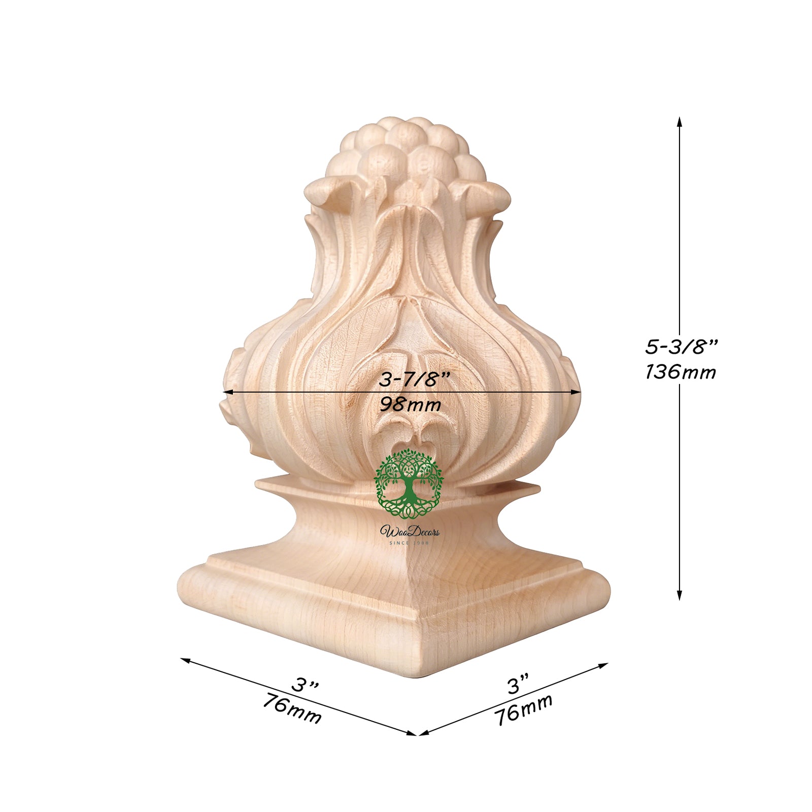 PAIR of Elegant Curved Wood Carved Lotus Post Finials, Screw Pre-installed, Available in Round and Square Bottom