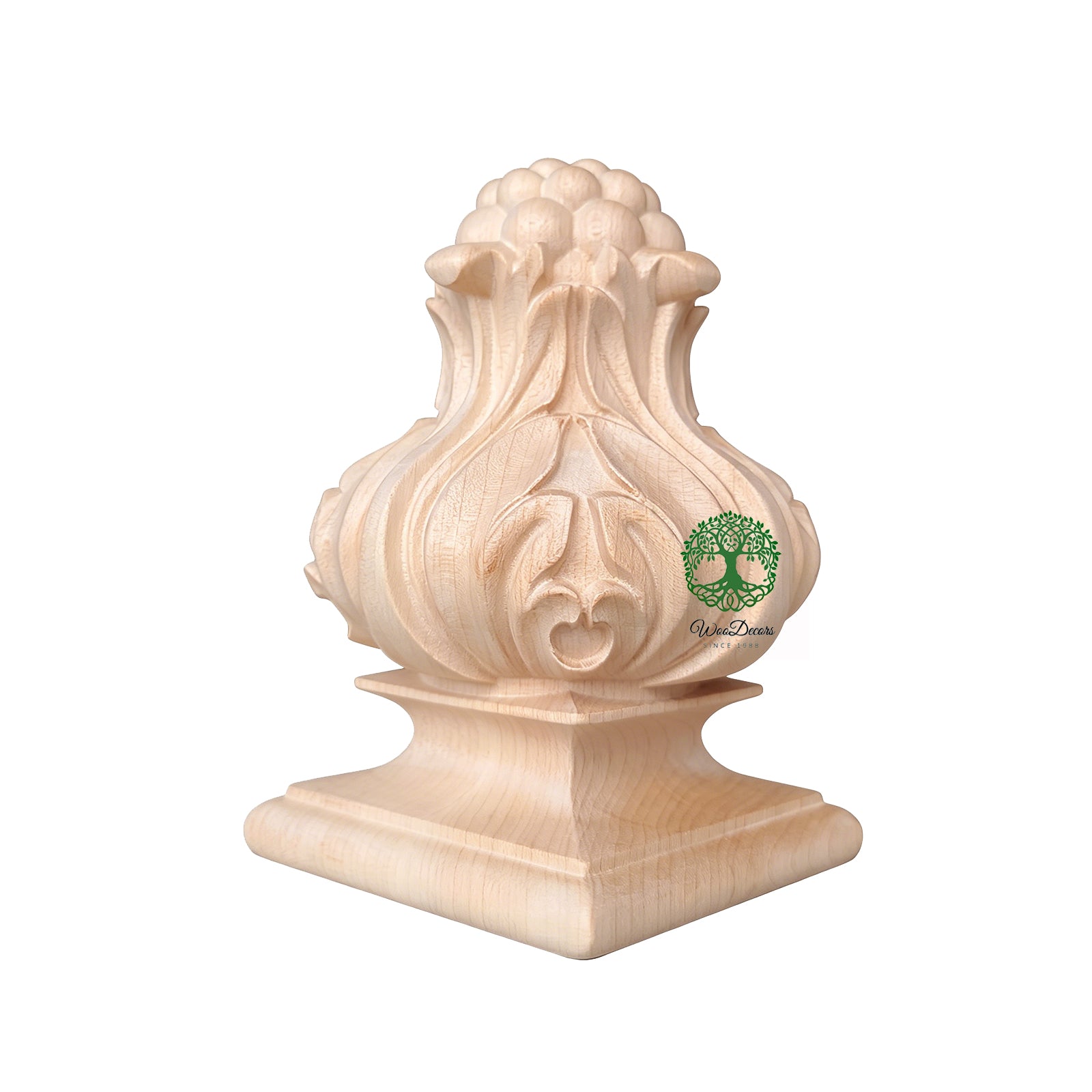 PAIR of Elegant Curved Wood Carved Lotus Post Finials, Screw Pre-installed, Available in Round and Square Bottom