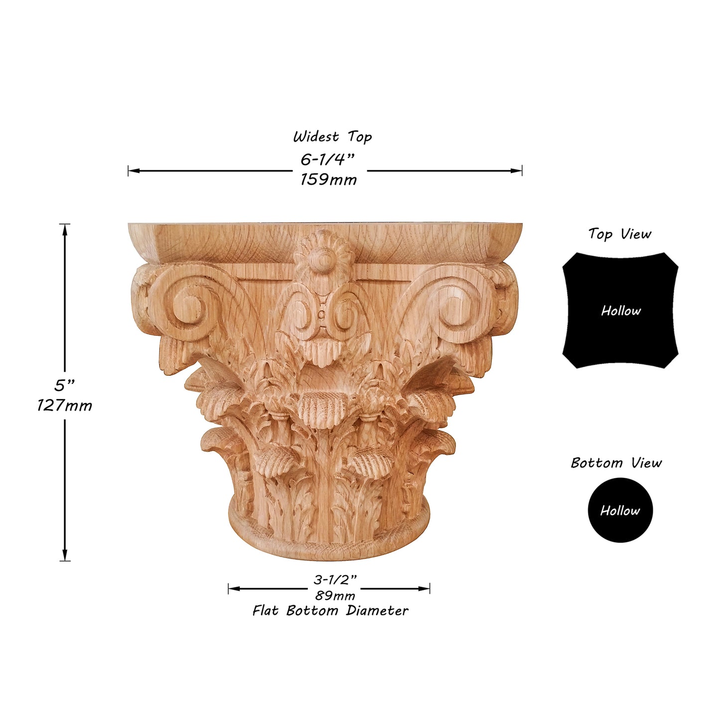 Wood Carved Roman Corinthian Capital for Full-round Columns, Available in 6 Sizes, Supplied Hollow, Single