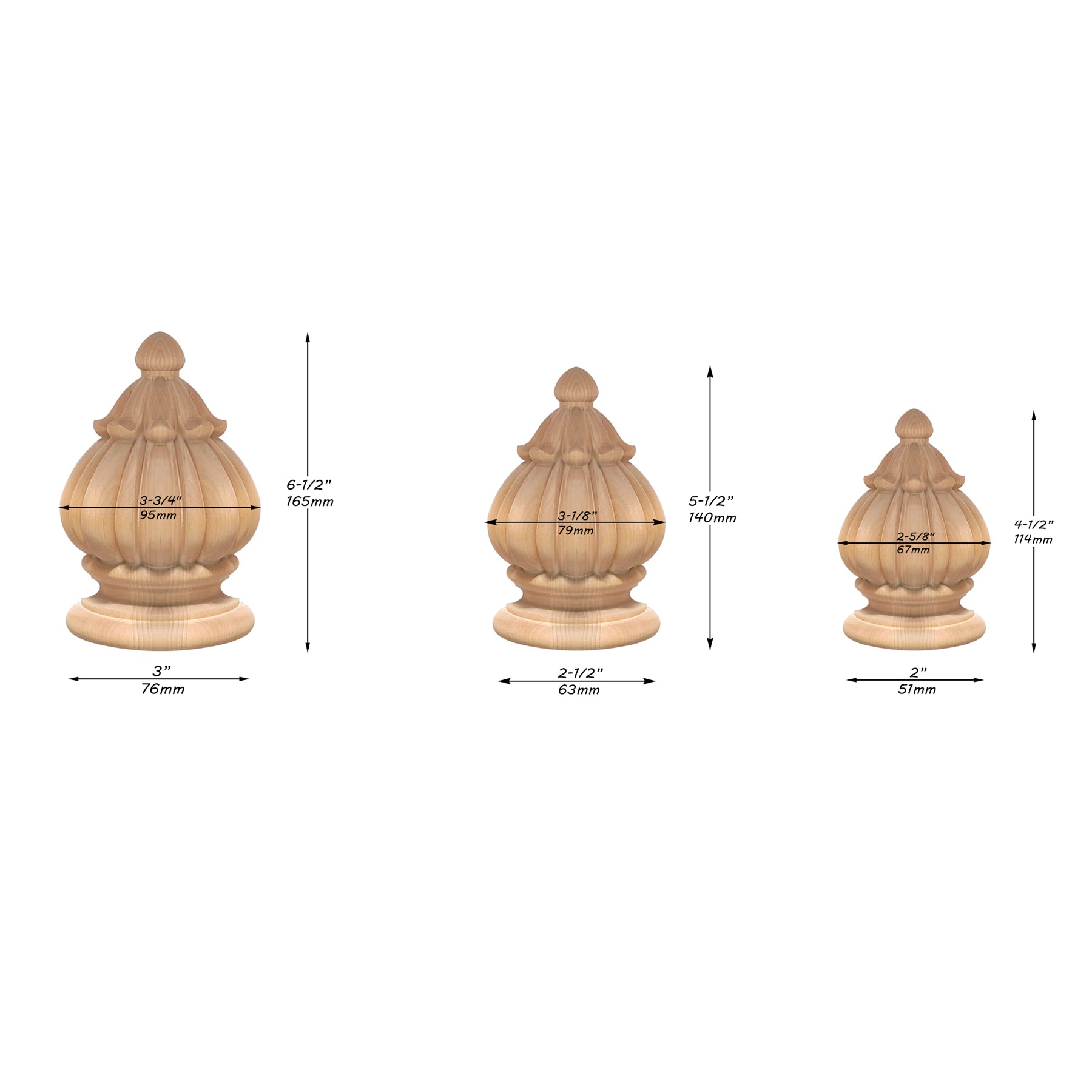 PAIR of Wood Carved Ribbed Finials for Curtain Rod, Bed Post and Staircase, Available in 3 Sizes, Unfinished