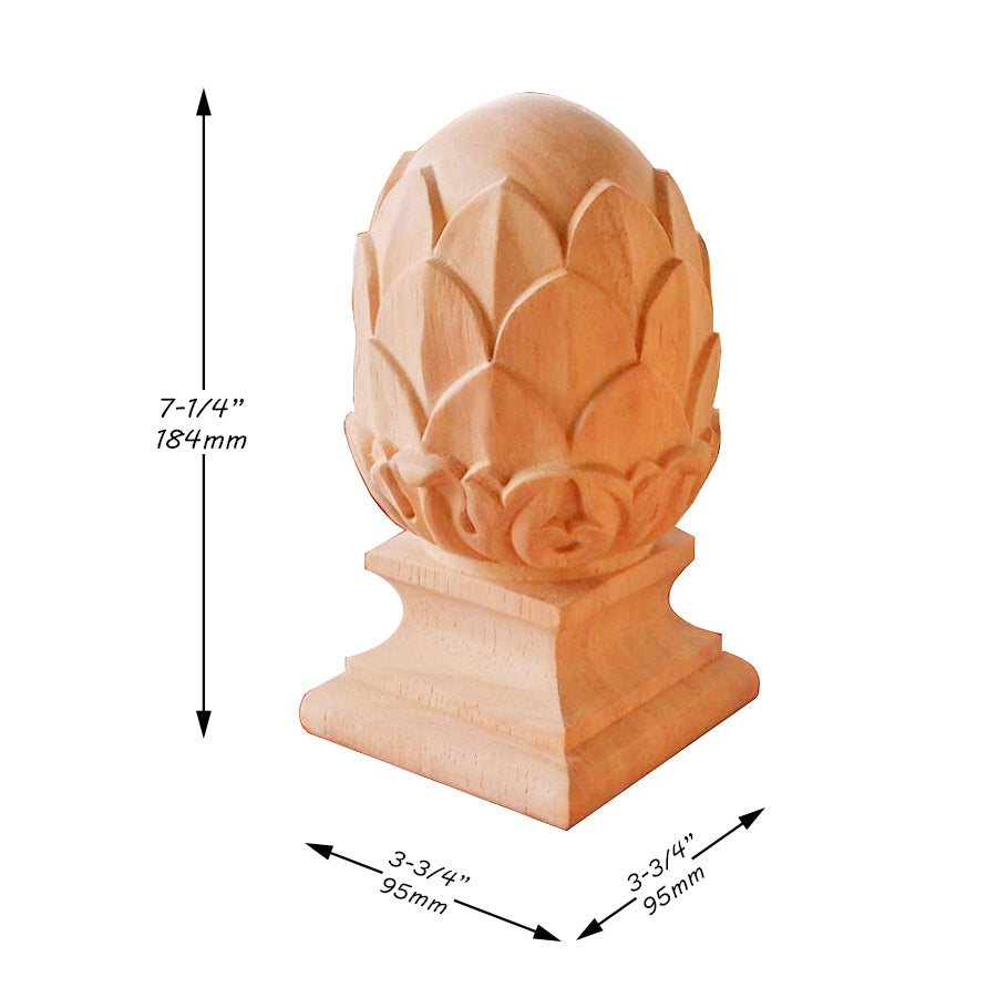 FNL-18 Square Bottom Pineapple Carved Wood Finial, Newel Post Cap, Available in 2 Sizes
