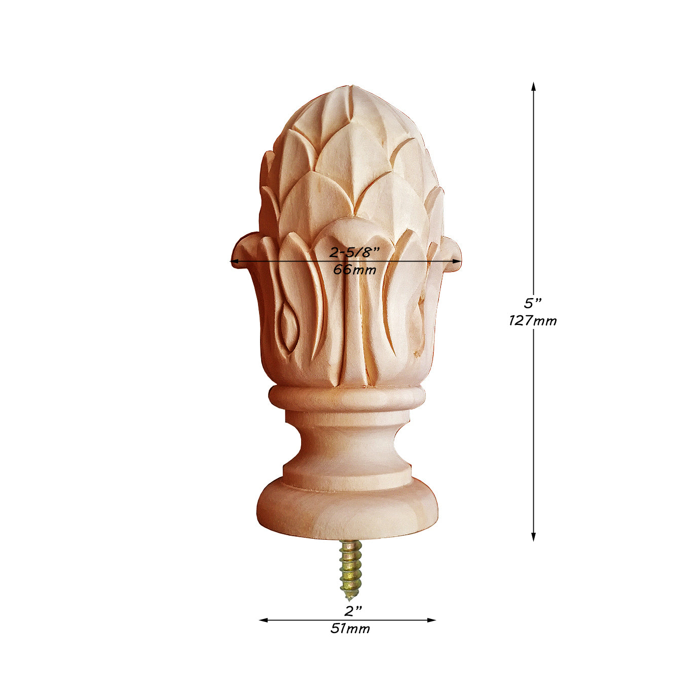 FNL-21 PAIR of Small Pineapple Carved Finials for Curtain Rods and Bed Posts, Screw Attached
