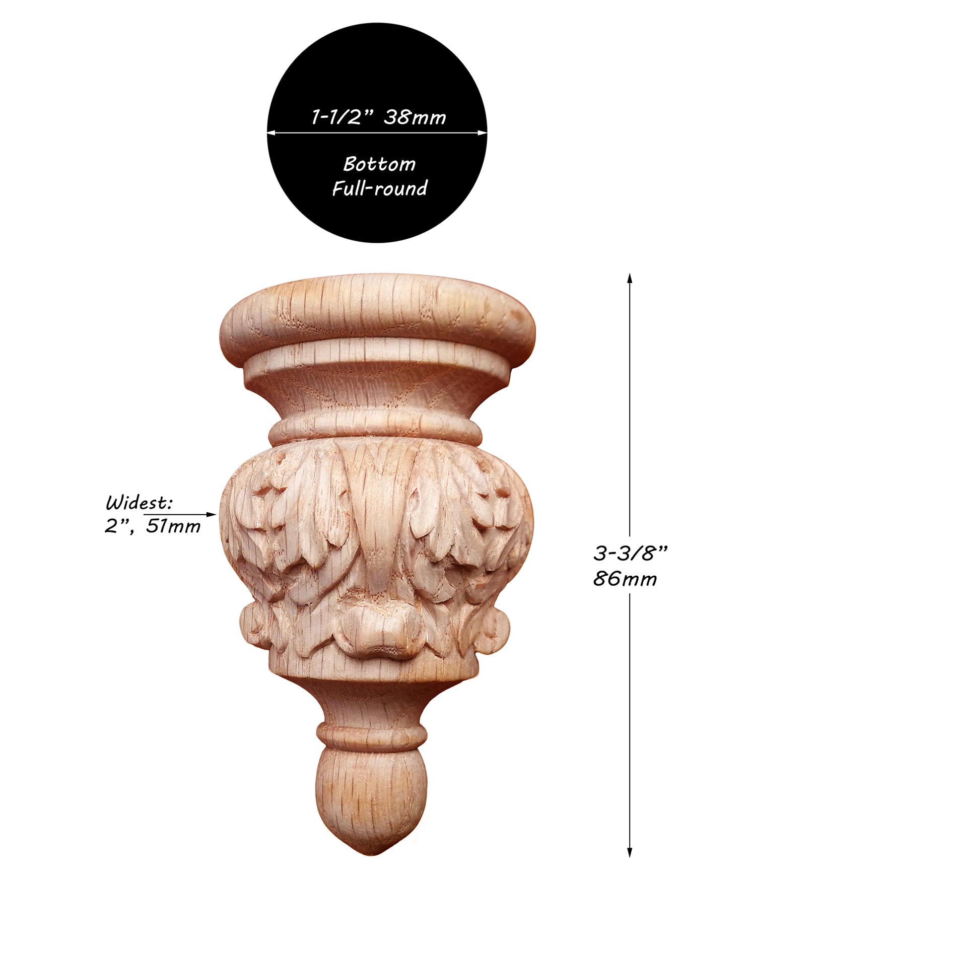 FNL-25 Small Leaf Carved Wood Finial, Wood Fendant, Available in Half-round & Full-round