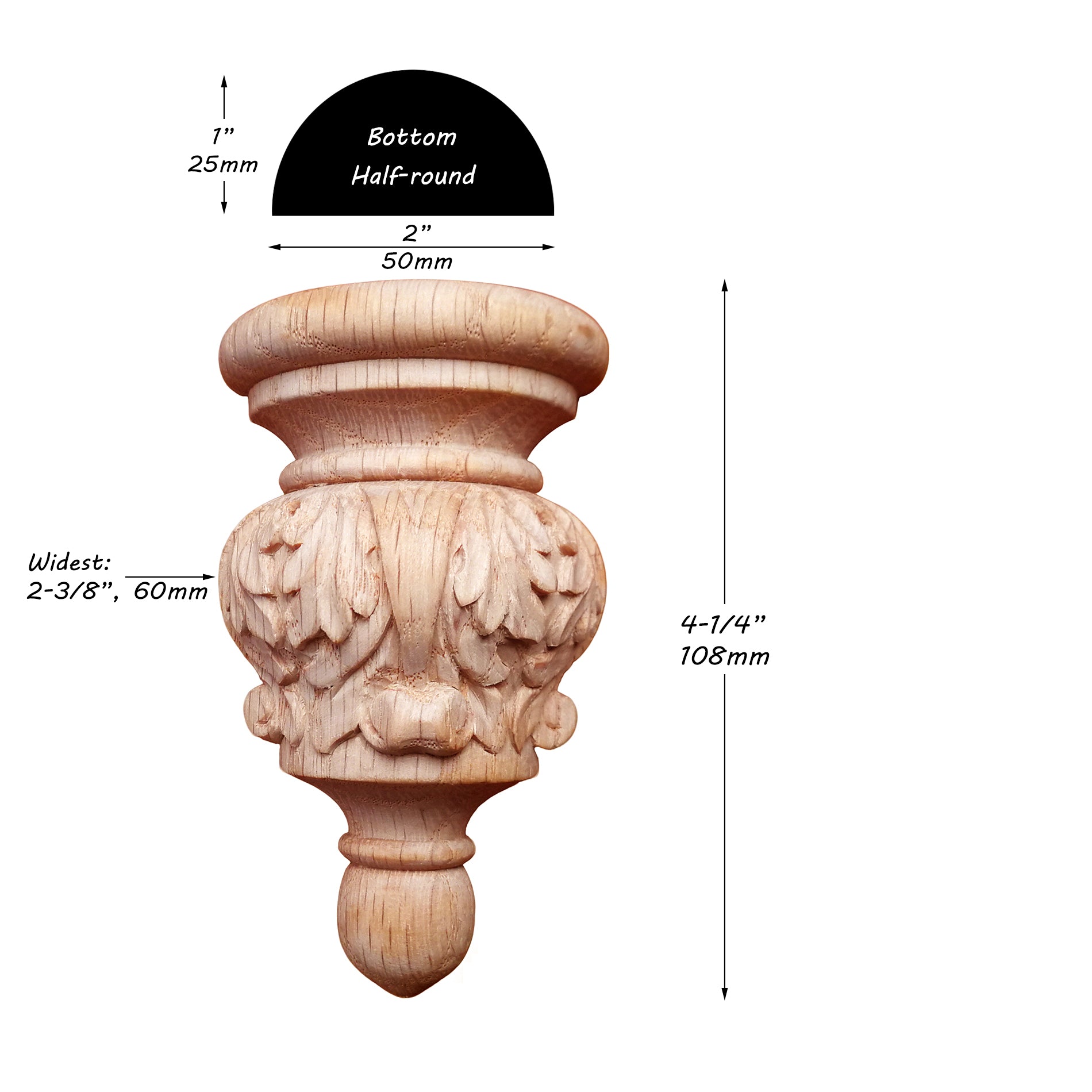 FNL-25 Small Leaf Carved Wood Finial, Wood Fendant, Available in Half-round & Full-round