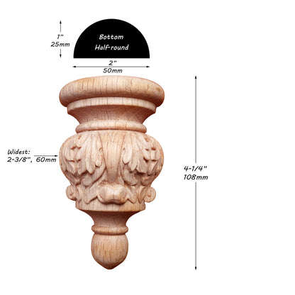 FNL-25 Small Leaf Carved Wood Finial, Wood Fendant, Available in Half-round & Full-round