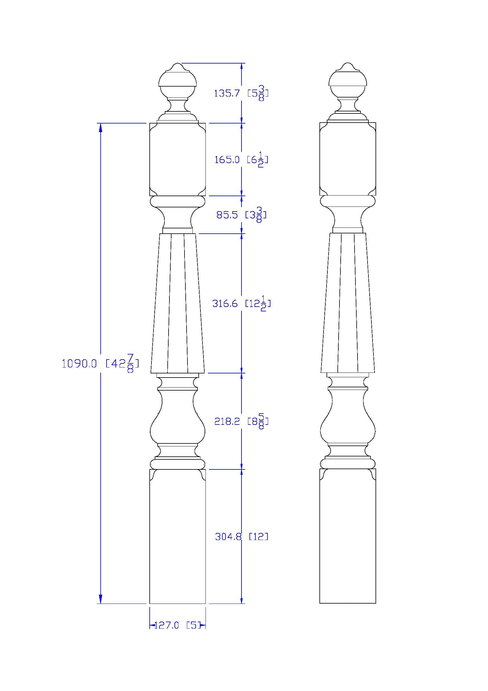 NWL-08 Wood Carved Hexagon Newel Post, Available in 4
