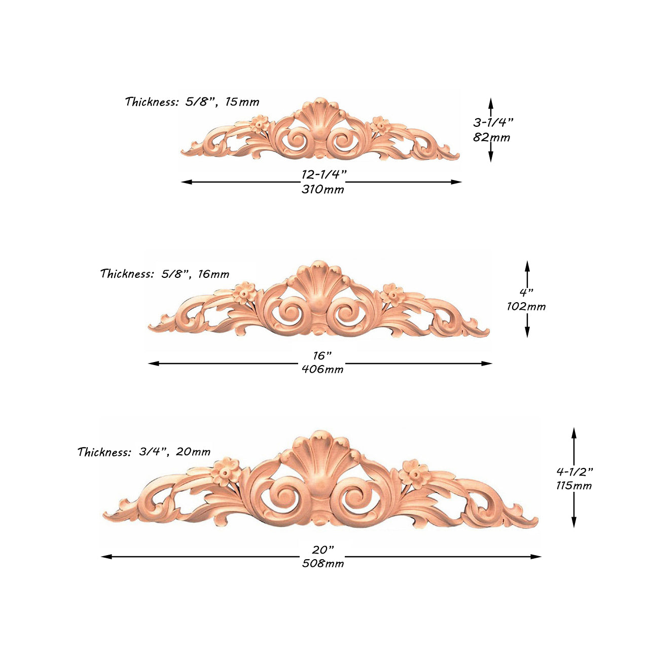 Shell Leaf Scroll Carved Wood Carved Onlay, Furniture Applique, Available from 12-1/4