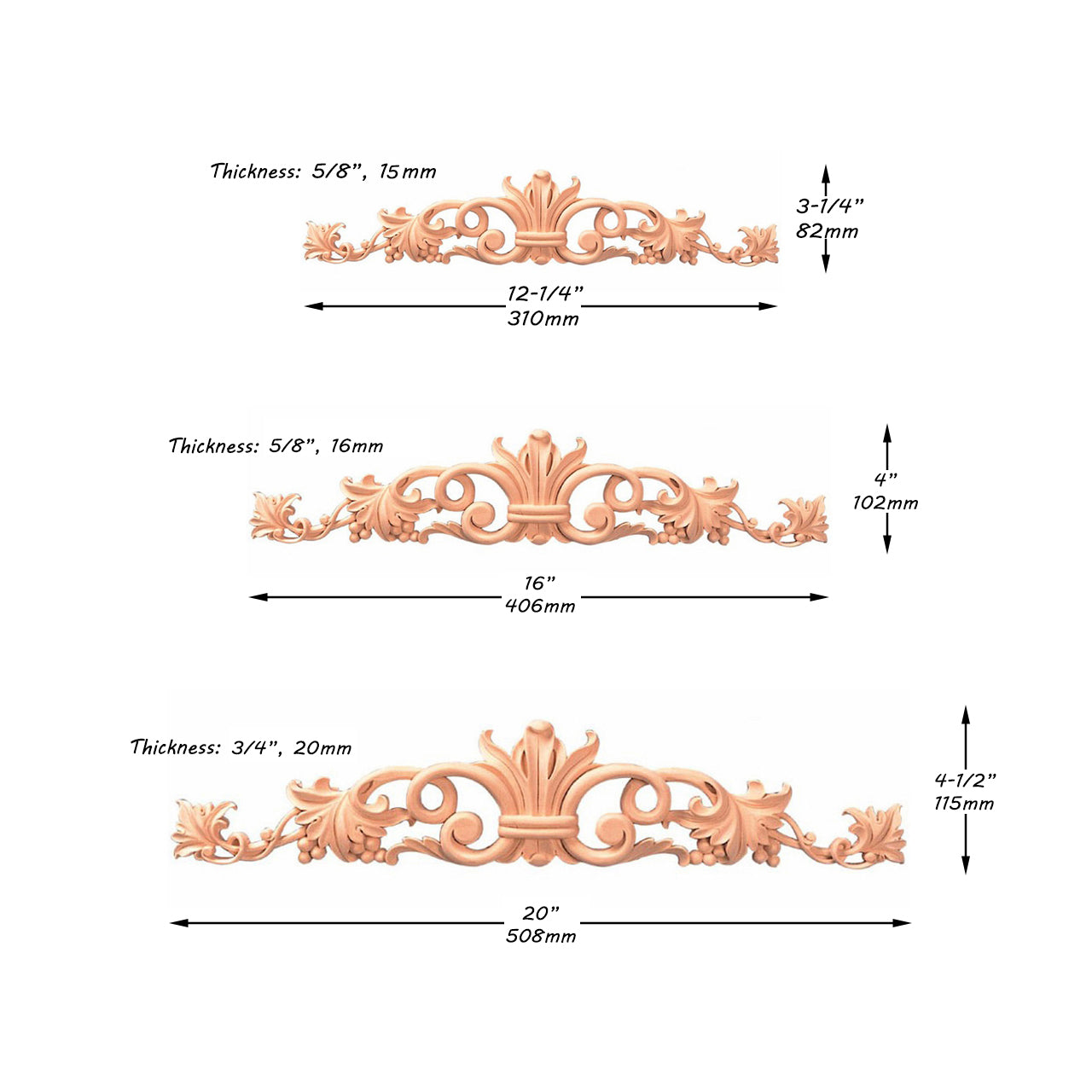 Vivid Grapevine Carved Wood Onlay, Furniture Applique, Available from 12-1/4" to 24-1/2" Wide, Single