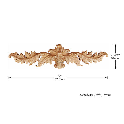 Eagle Shape Leaf Carved Wood Cabinet Onlay, Furniture Applique, Available in 12", 16" and 22-1/8" Wide, Single, Unfinished