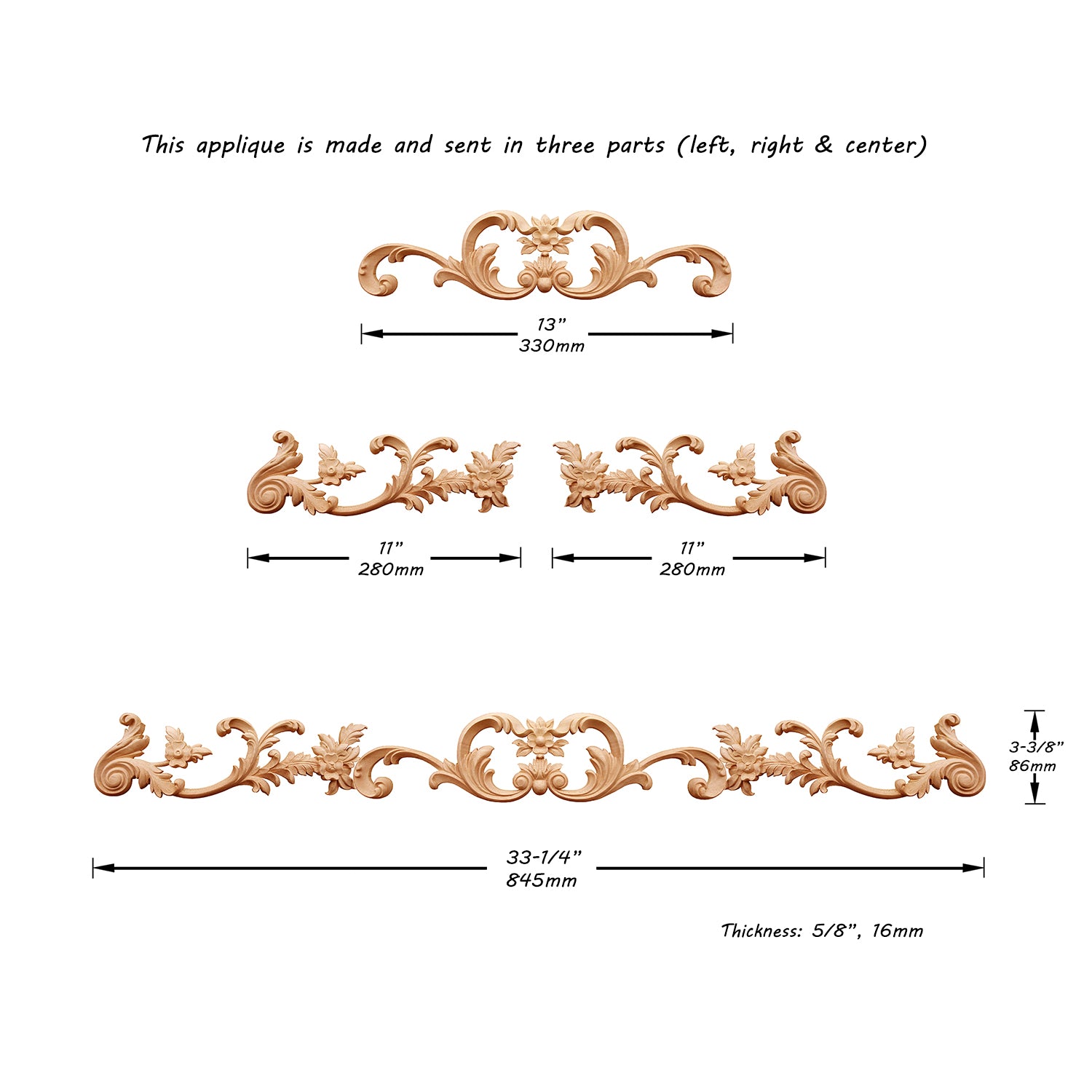 Vivid Floral Vine Carved Wood Applique for Mantel, Door Surround and Stair, Available in 33-1/4
