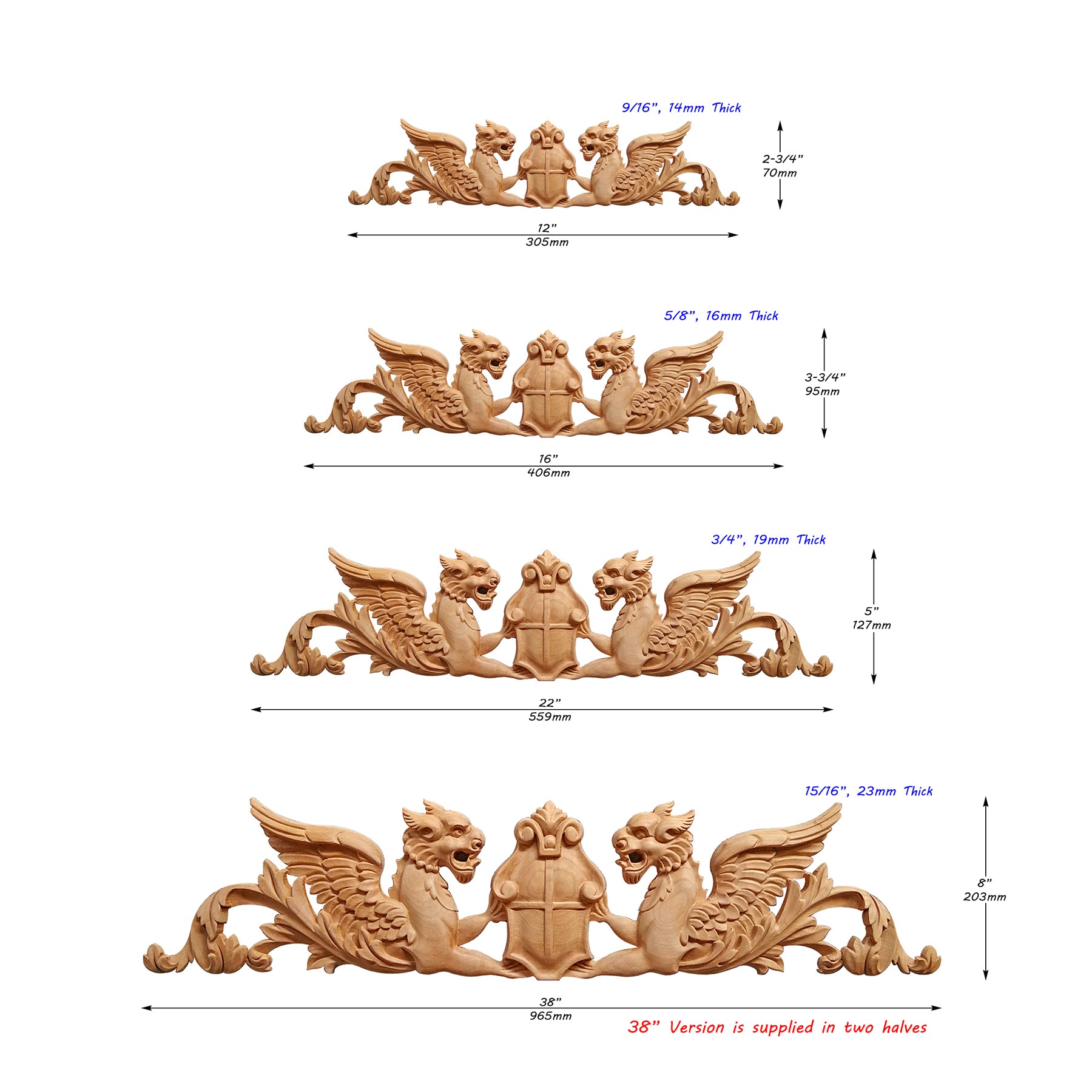 Shield Wyvern Carved Wood Applique, Available from 12